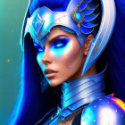 Digital artwork of woman in vivid blue armor with headset, intricate designs, luminous skin, futuristic warrior