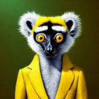 Stylized painting of lemur in yellow suit with intense orange eyes