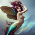 Digital artwork: Mythical creature with woman's upper body, iridescent wings, colorful mermaid