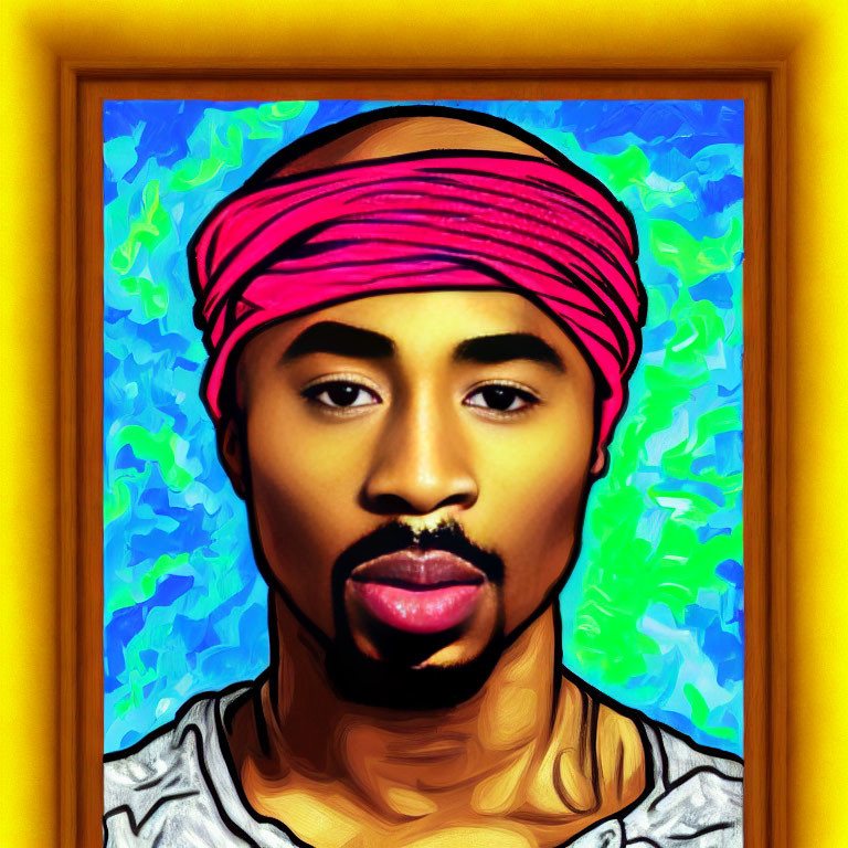 Man with Pink Headband and Goatee on Textured Blue Background in Yellow Frame