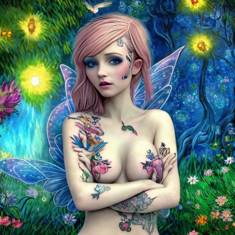 Colorful Fairy with Pink Hair and Butterfly Wings in Enchanting Forest