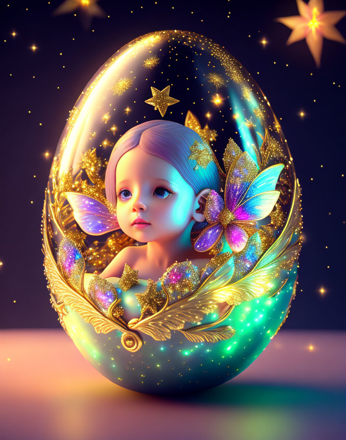 Fantastical fairy with iridescent wings in ornate egg against dusk backdrop