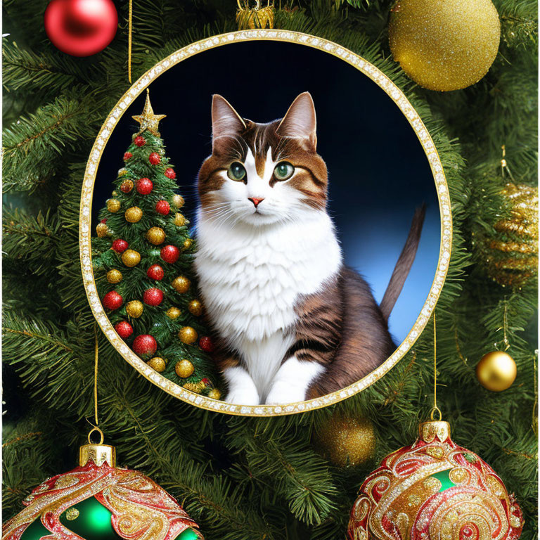 Brown and White Cat in Christmas-themed Circular Frame with Tree Decorations