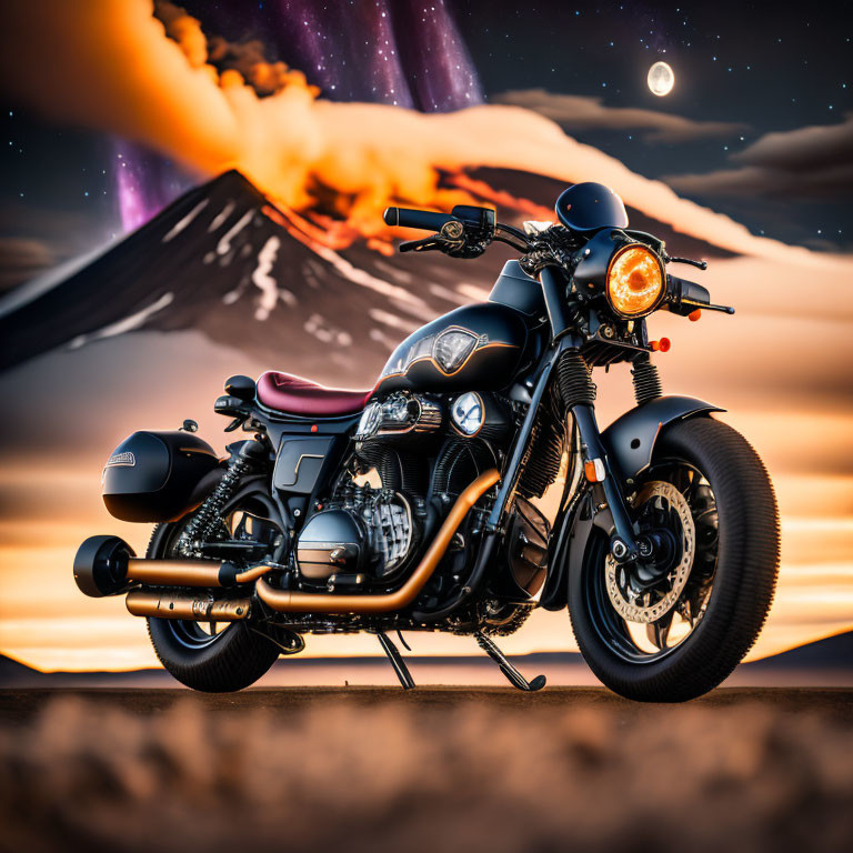 Black Glossy Motorcycle Parked Against Erupting Volcano Twilight Sky