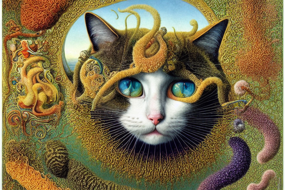 Fantastical cat illustration with mesmerizing blue eyes and abstract earthy design