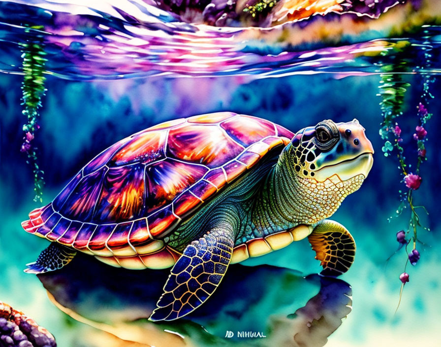 Colorful Sea Turtle Painting in Underwater Scene