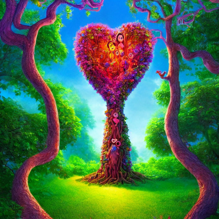 Heart-shaped tree with vibrant flowers and friendly creatures in magical forest clearing