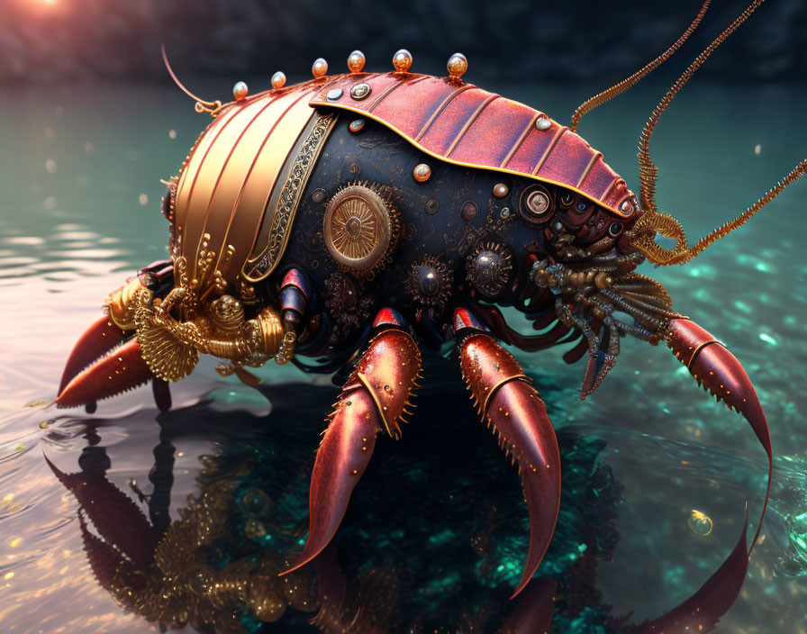 Steampunk-style crab digital artwork with intricate gears in underwater setting