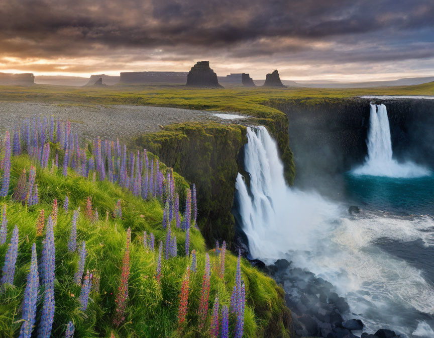 Icelandic Waterfall with Purple Lupines and Dramatic Sky