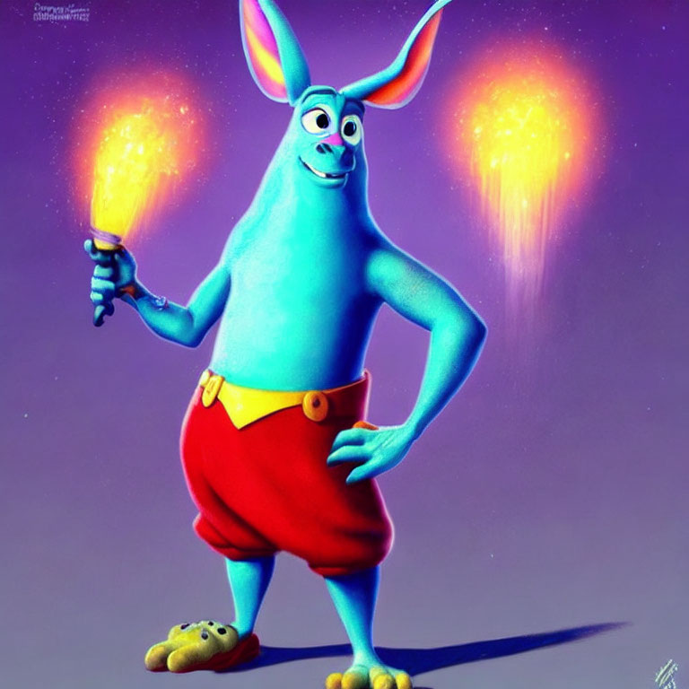 Blue Cartoon Character with Bunny Ears Holding Torch and Cookie