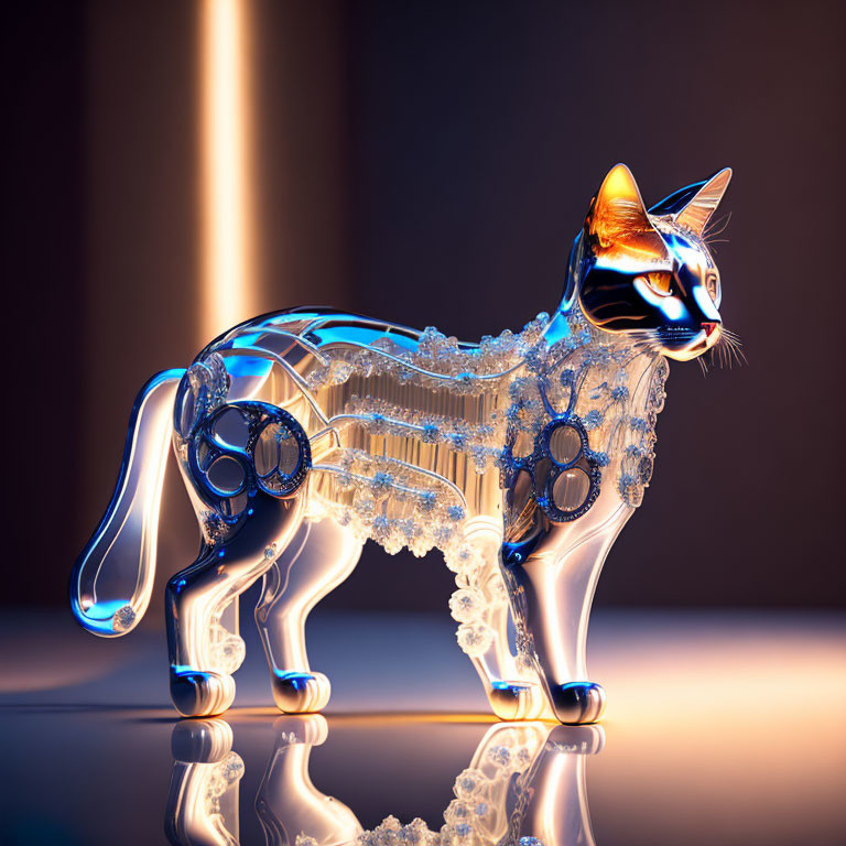 Translucent mechanical cat sculpture with intricate gears and lace-like embellishments