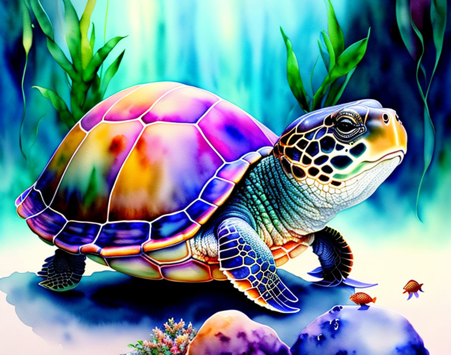 Colorful Turtle Illustration with Rainbow Shell in Underwater Scene