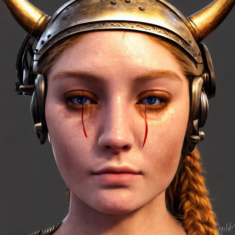 Close-up portrait of woman with braided hair and Viking helmet, golden eyes, tears.