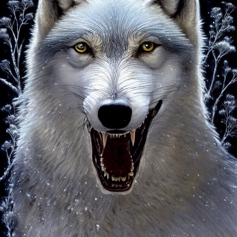 Detailed Illustration: Snarling Gray Wolf with Yellow Eyes in Frosty Blue Foliage