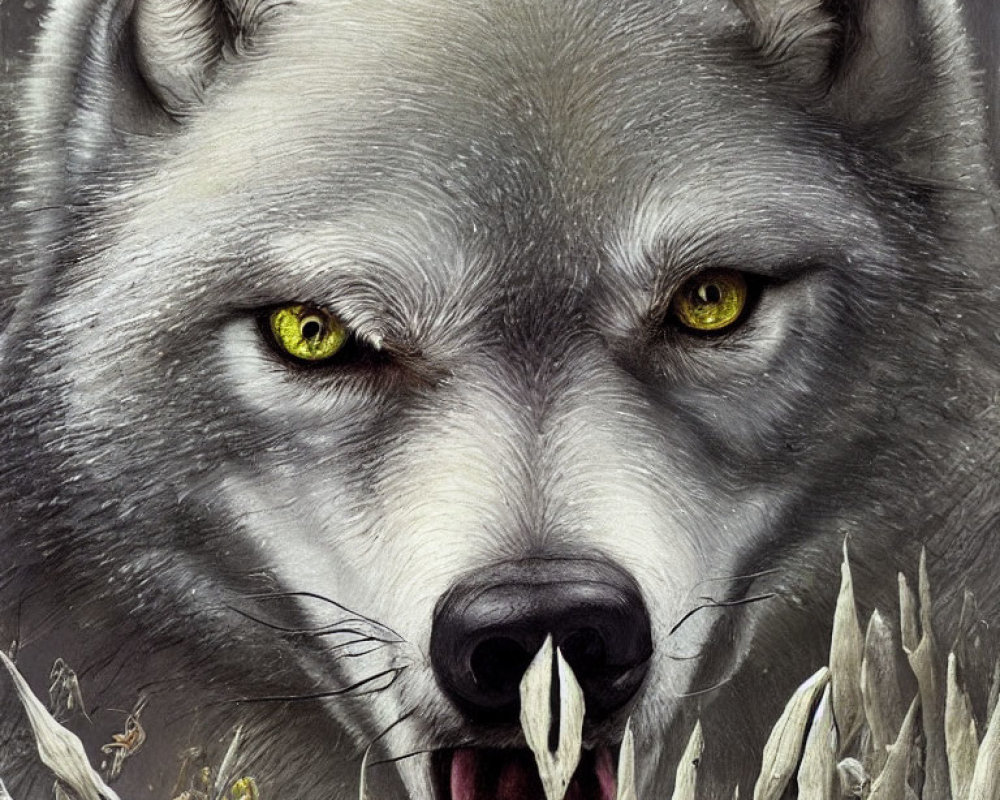 Detailed illustration of wolf with yellow eyes against grey underbrush