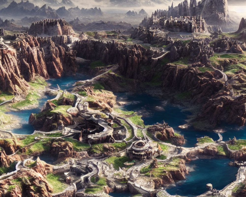 Fantastical landscape with rivers, spires, stone structures, meadows, and canyons