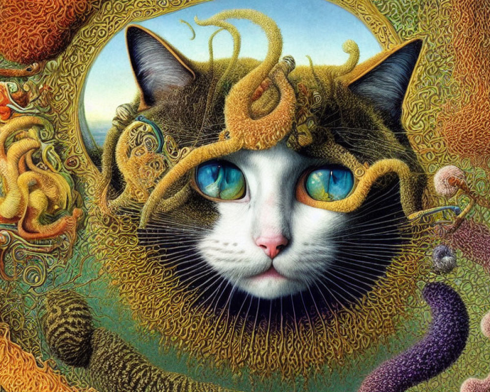 Fantastical cat illustration with mesmerizing blue eyes and abstract earthy design