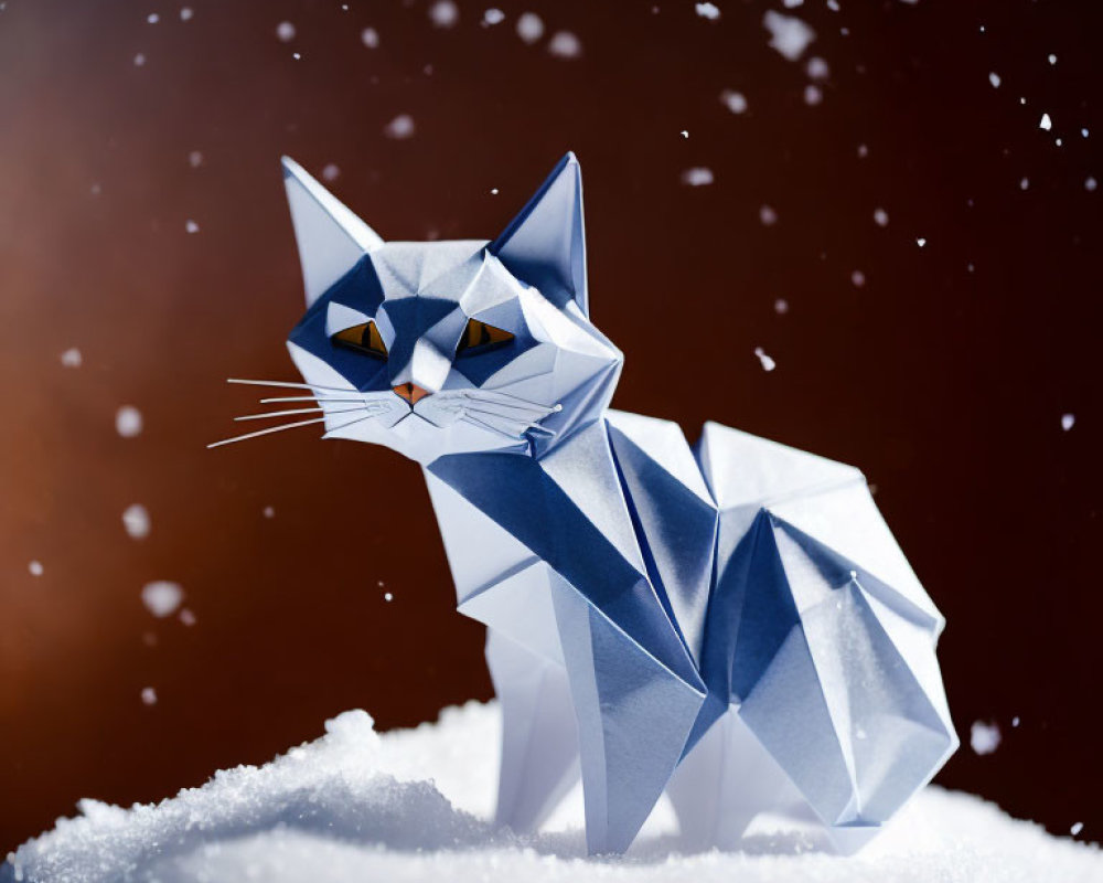 Geometric Origami Cat in Snow with Falling Snowflakes