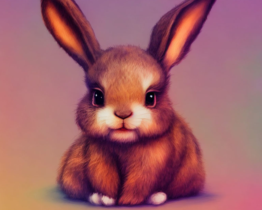 Fluffy brown rabbit with large ears on soft purple and pink background