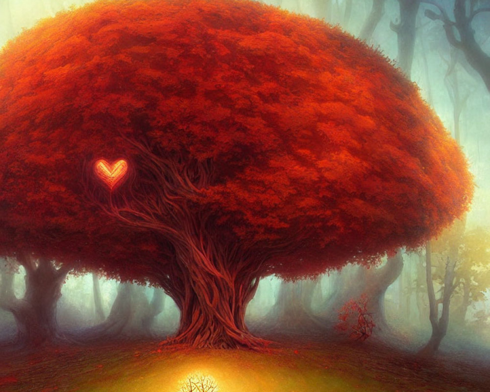 Enormous glowing red leaves on mystical forest tree with heart-shaped hollow