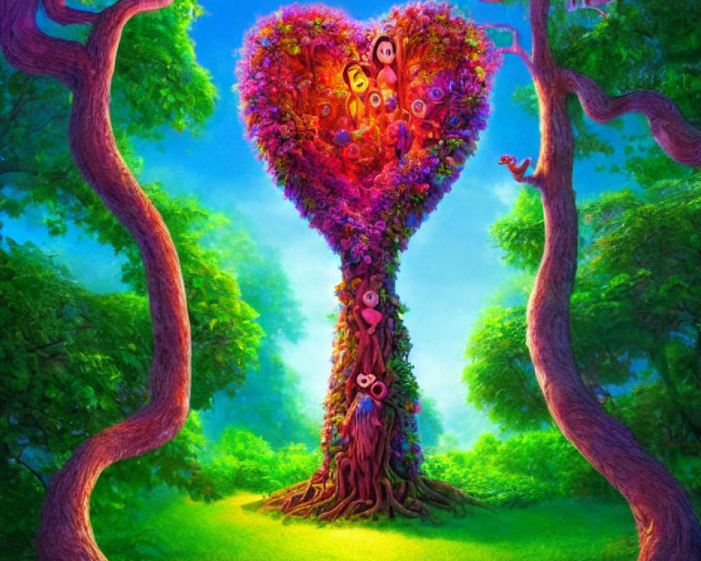 Heart-shaped tree with vibrant flowers and friendly creatures in magical forest clearing