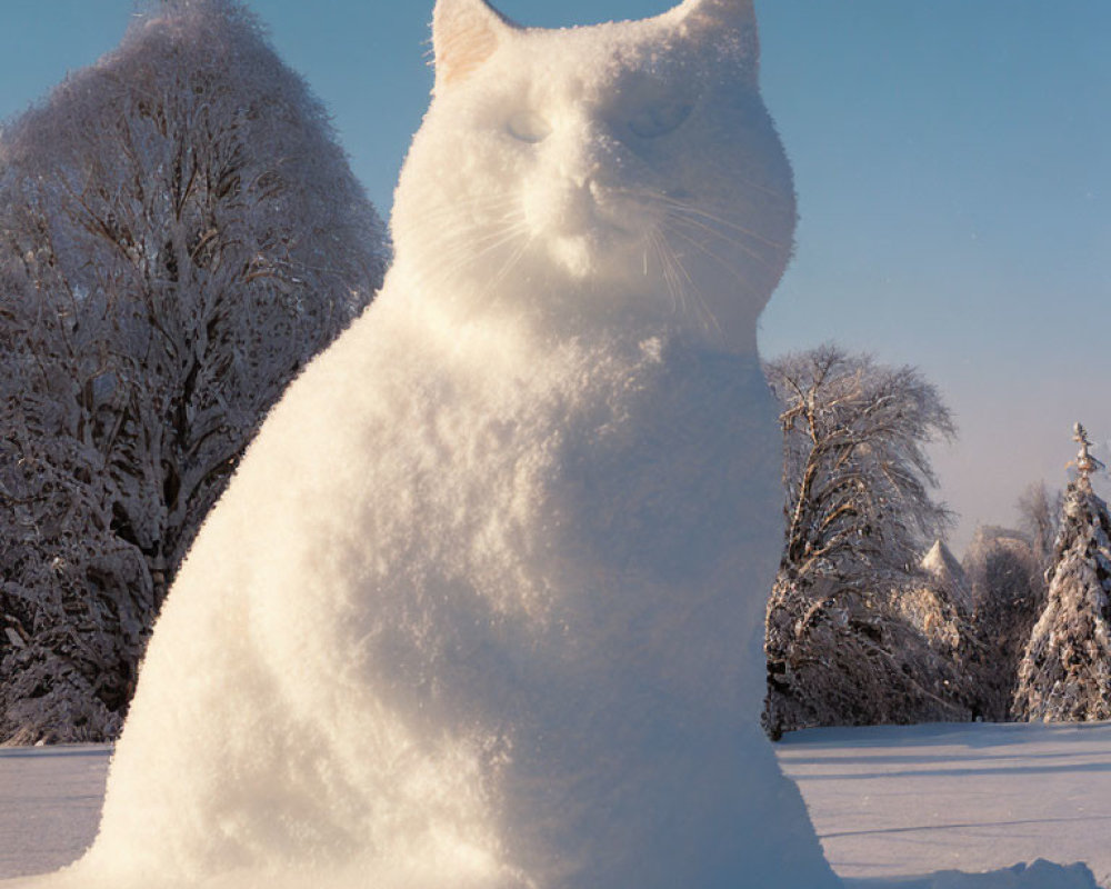 Detailed Snow Cat Sculpture in Winter Landscape