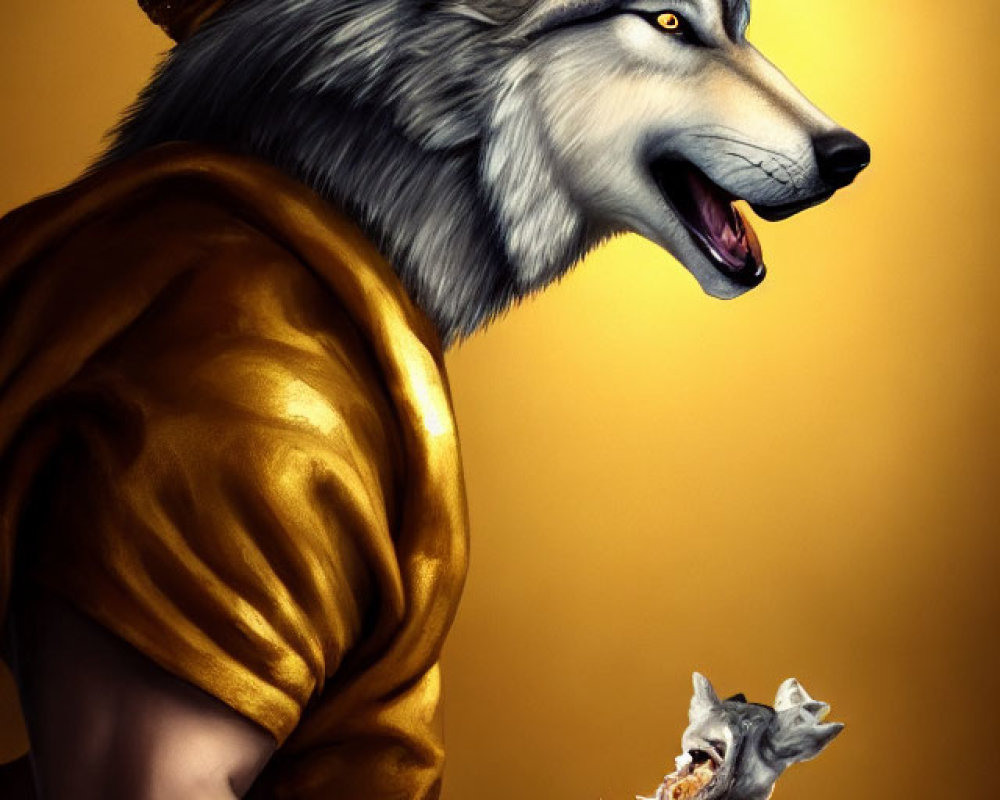 Royal anthropomorphic wolf with crown and scepter holding meat platter on golden background