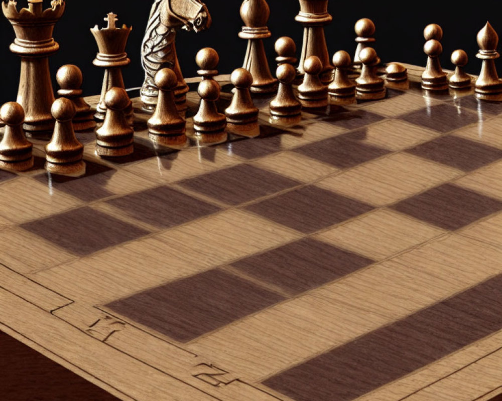 Wooden Chess Pieces on Chessboard with Diagonal View of Black Knight