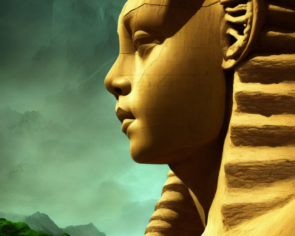 Sandstone Sphinx Profile with Intricate Headdress Against Green Hills and Stormy Skies