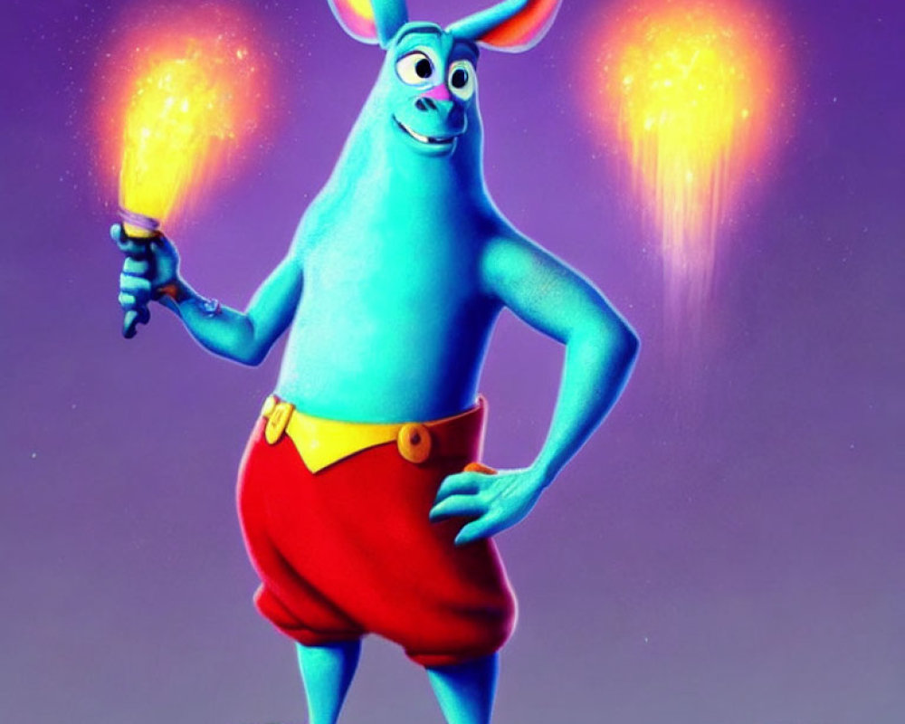 Blue Cartoon Character with Bunny Ears Holding Torch and Cookie