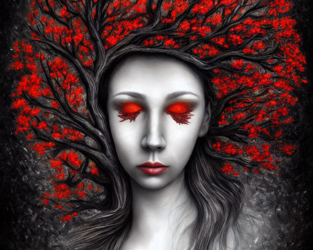 Woman with Tree Branch Hair and Red Leaves on Black and White Background