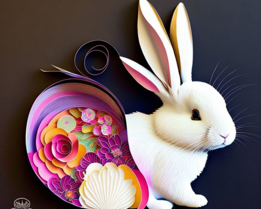 White Rabbit Beside Colorful Snail Shell with Floral Patterns