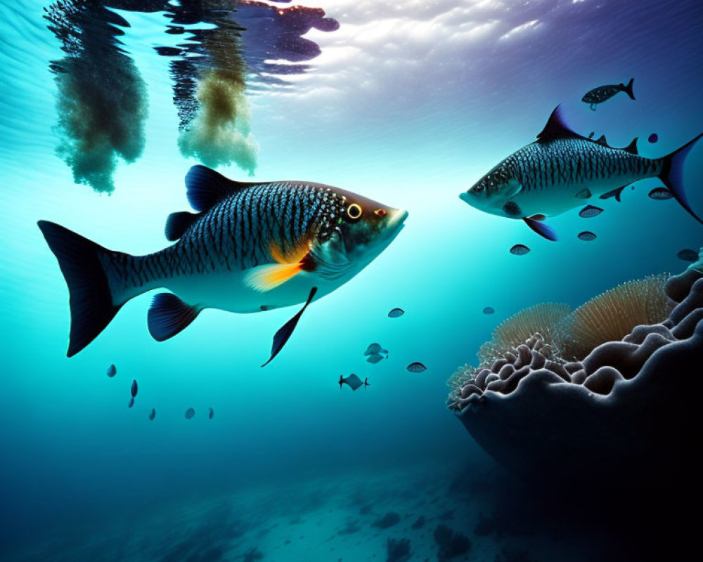 Striped fish swimming near coral reef in underwater scene.