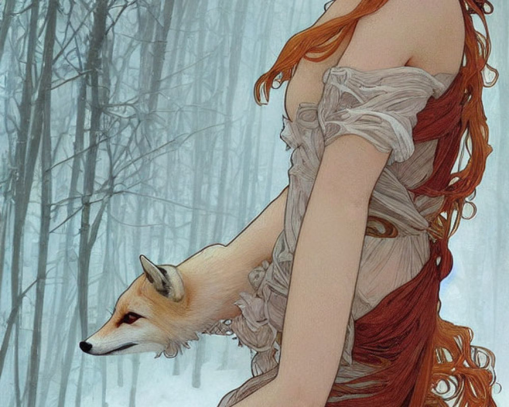 Red-haired woman in cream and red dress with fox in snowy forest