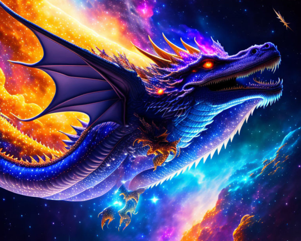 Blue dragon with outstretched wings in cosmic setting