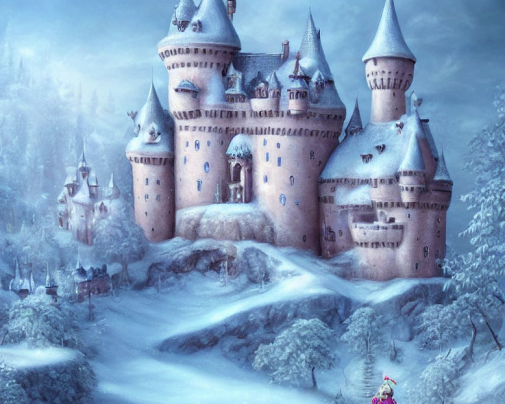 Whimsical castle in snowy landscape with lone figure under twilight sky