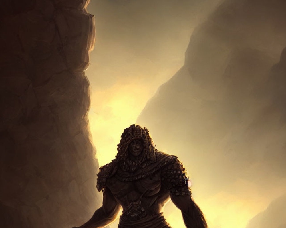 Armored Figure with Staff in Dimly Lit Canyon