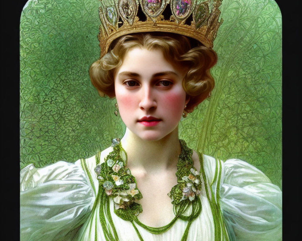 Portrait of Woman in Regal Attire and Crown on Ornate Green Background