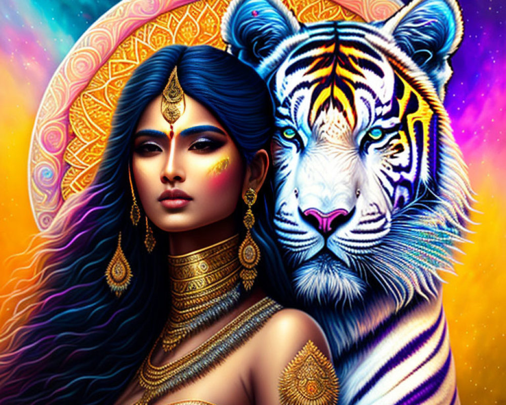 Colorful digital artwork: woman with blue hair, gold jewelry, and tiger in cosmic setting