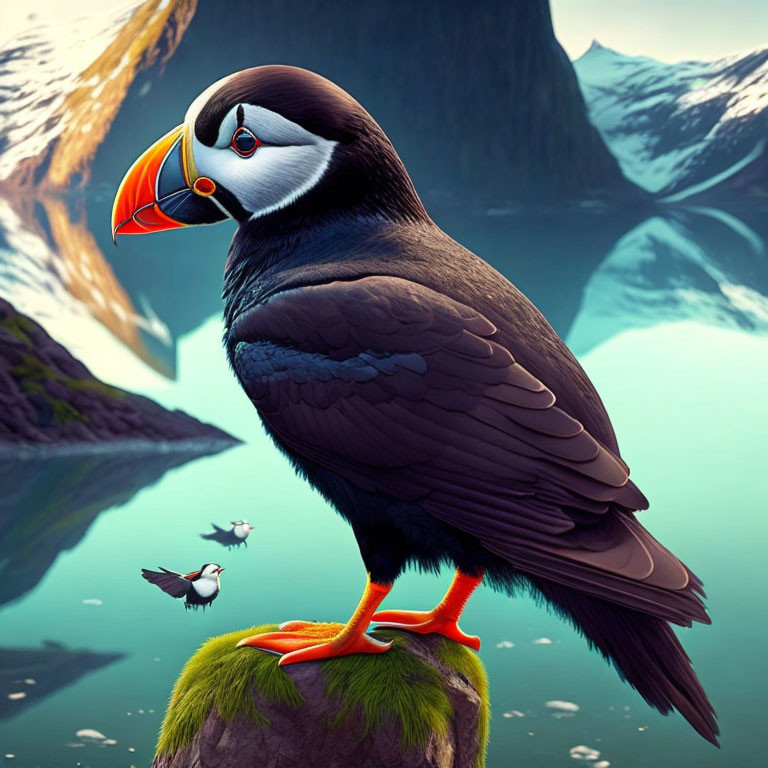 Colorful puffin on mossy rock with mountain lake and cliffs.