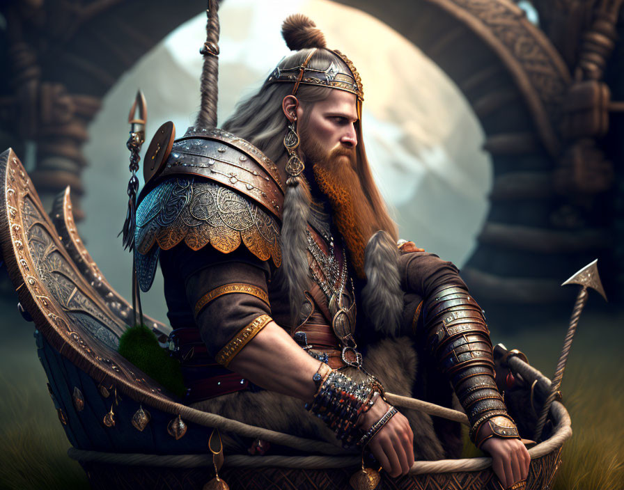 Viking warrior in ornate armor on wooden boat in misty setting
