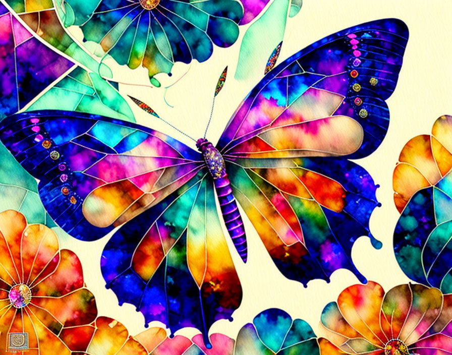 Colorful Digital Art: Butterfly with Patterned Wings and Abstract Floral Shapes