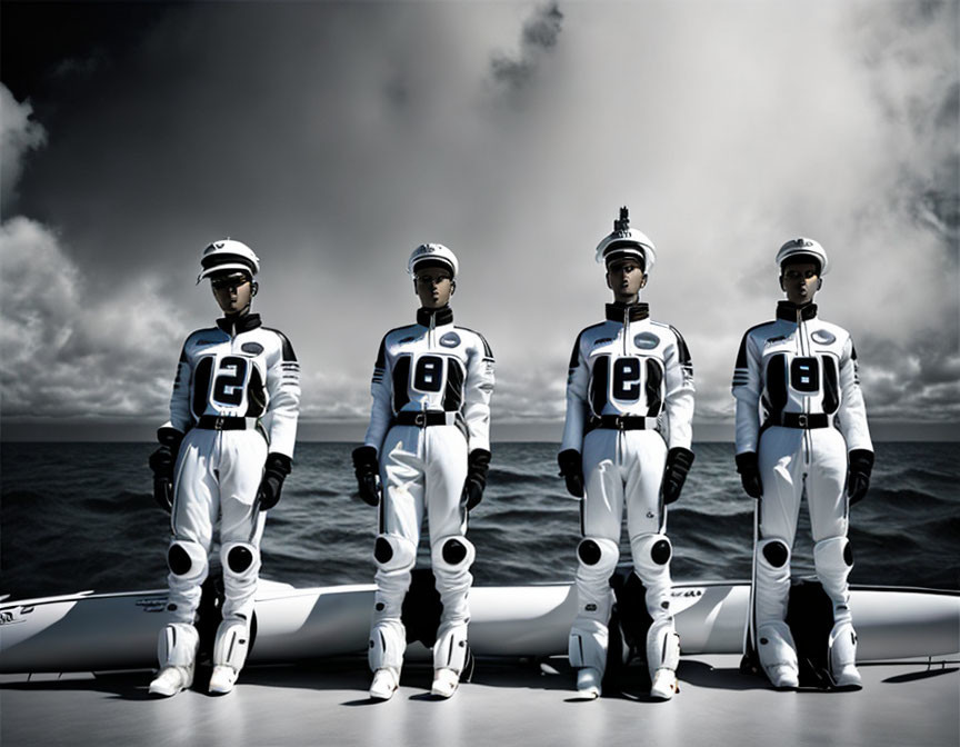 Four futuristic racers in white uniforms with helmets pose in front of stormy seascape with racing vehicles