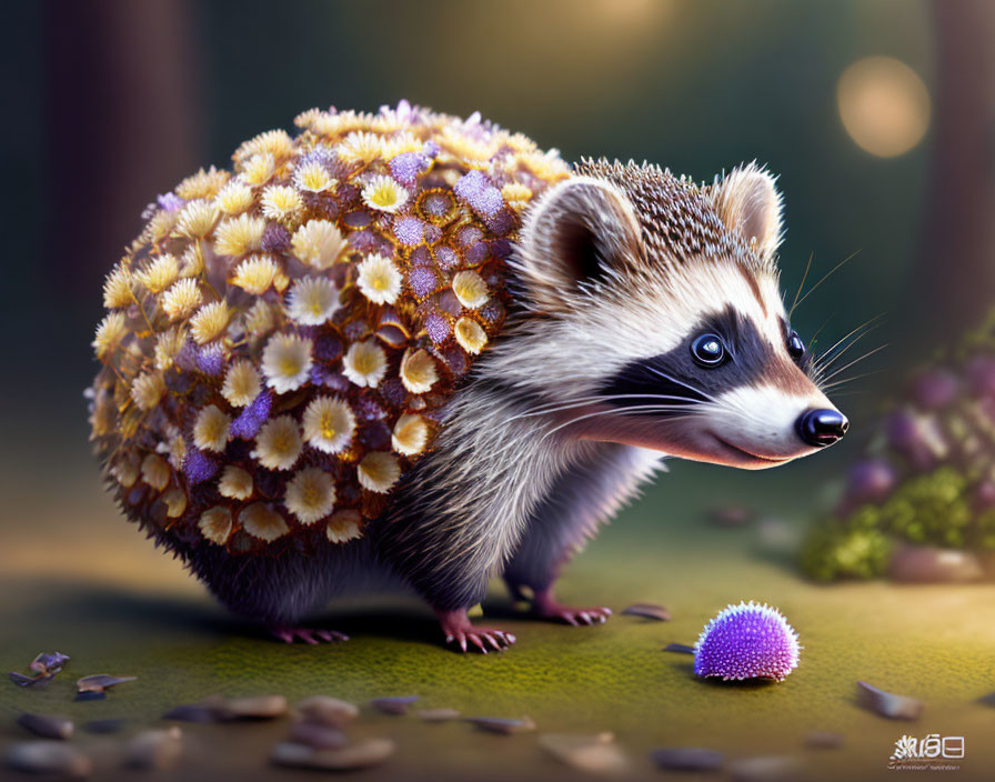 Digital artwork: Badger with pine cone texture in whimsical forest scene