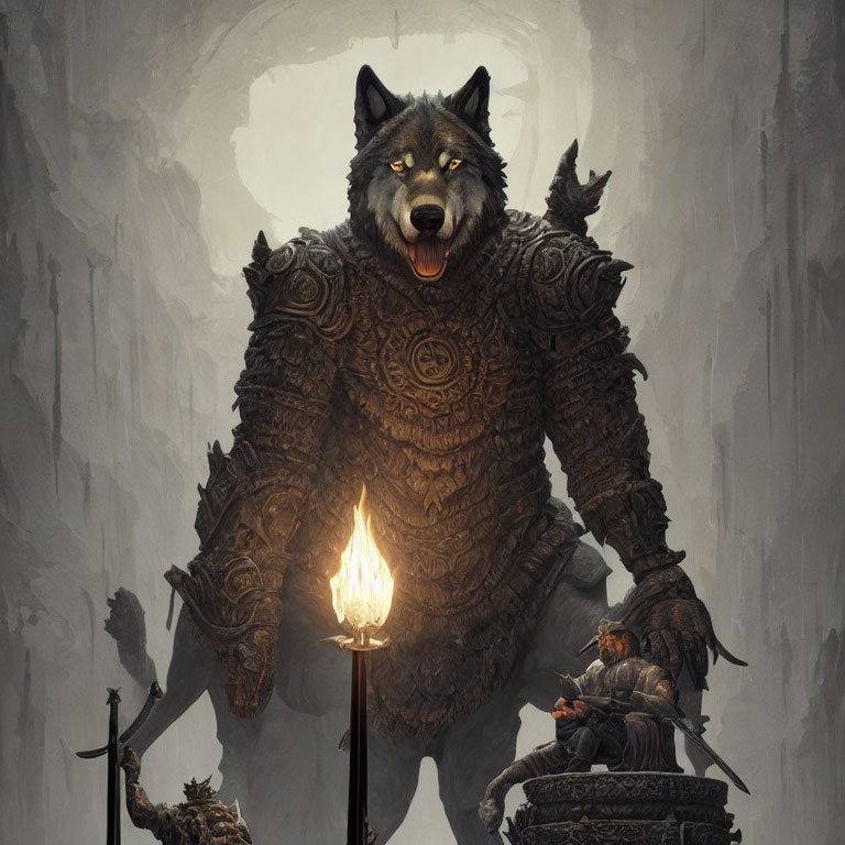 Anthropomorphic wolf warrior in ornate armor with human ally in foggy cavernous setting