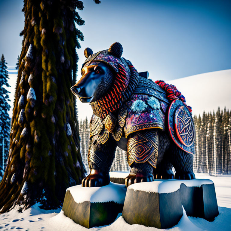 Colorful Patterned Bear Statue in Beanie Surrounded by Snowy Pine Trees