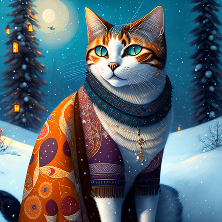 Green-eyed cat in scarf, snowy landscape with trees and warm light