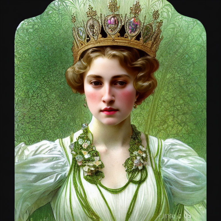 Portrait of Woman in Regal Attire and Crown on Ornate Green Background