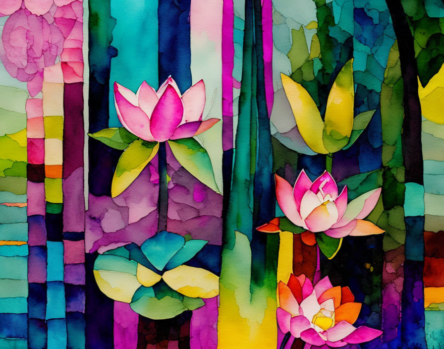 Colorful Watercolor Painting of Lotus Flowers and Bamboo Forest Stripes