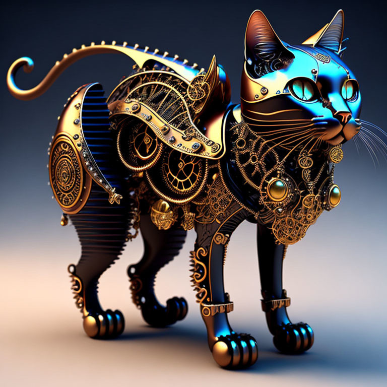 Intricate Steampunk-Style Cat Art with Golden Embellishments